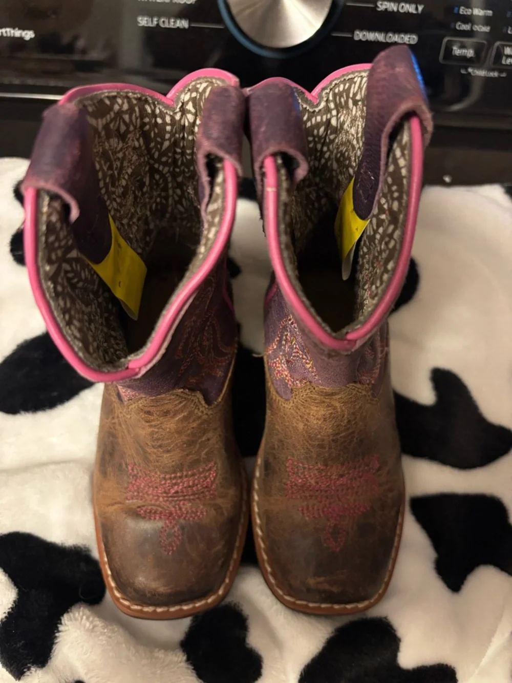 Dan Post Brown Leather baby Cowboy Boots with Purple Shaft and Pink Trim - Picture 3 of 5